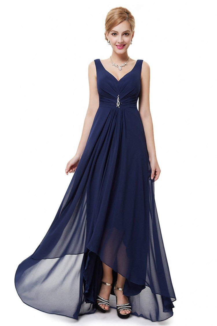 Navy Blue Double V Neck Rhinestones Ruched Bust High Low Evening Dress ...