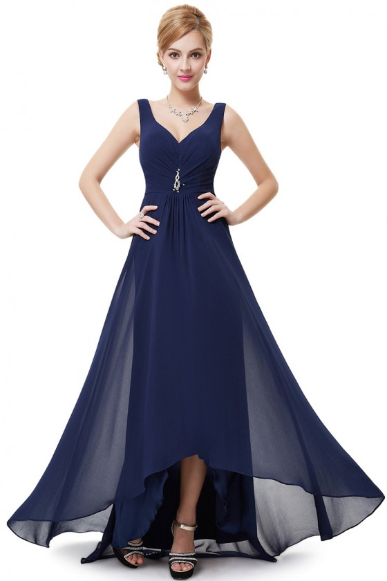 Navy Blue Double V Neck Rhinestones Ruched Bust High Low Evening Dress ...