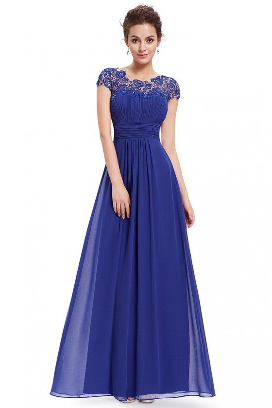 Royal Blue Lacey Neckline Open Back Ruched Bust Prom Dress - $66 # ...
