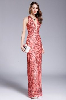 Deep V-neck Slit Long Halter Sequin Long Prom Dress - CK650