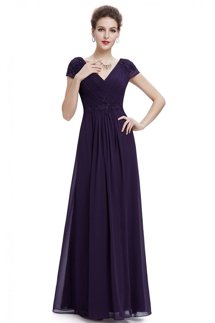 Purple V-neck Ruched Long Party Dress - $62.04 #HE08467PP - SheProm.com