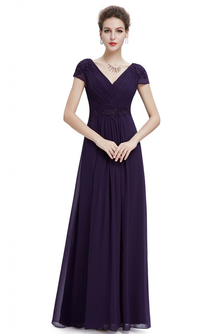 Purple V-neck Ruched Long Party Dress - $62.04 #HE08467PP - SheProm.com