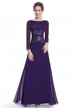 Dark Purple Sequins Long Sleeve Evening Dress - HE08635DP