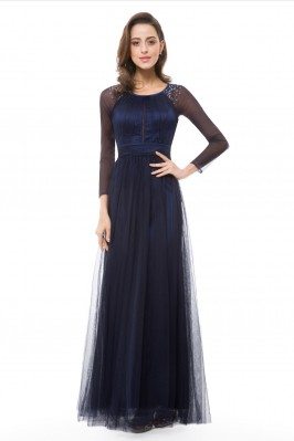 Navy Blue Classy Long Sleeve Round Neck Long Prom Dress - EP08553NB