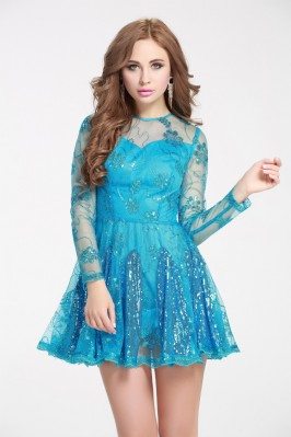 Blue Sequined Embroidery Fit And Flare Short Dress