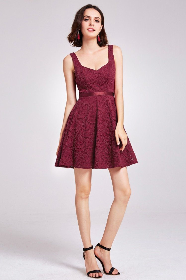 Burgundy Short Lace Fit and Flare Dress ...