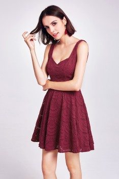 Burgundy Short Lace Fit and Flare Dress - AS05803BD