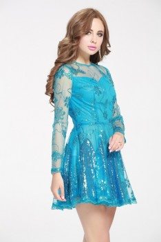 Blue Sequined Embroidery Fit And Flare Short Dress - DK248