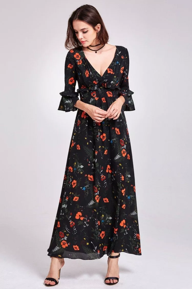 Classy Long Sleeve Floral Print Maxi Dress - $48 #AS07170BK - SheProm.com