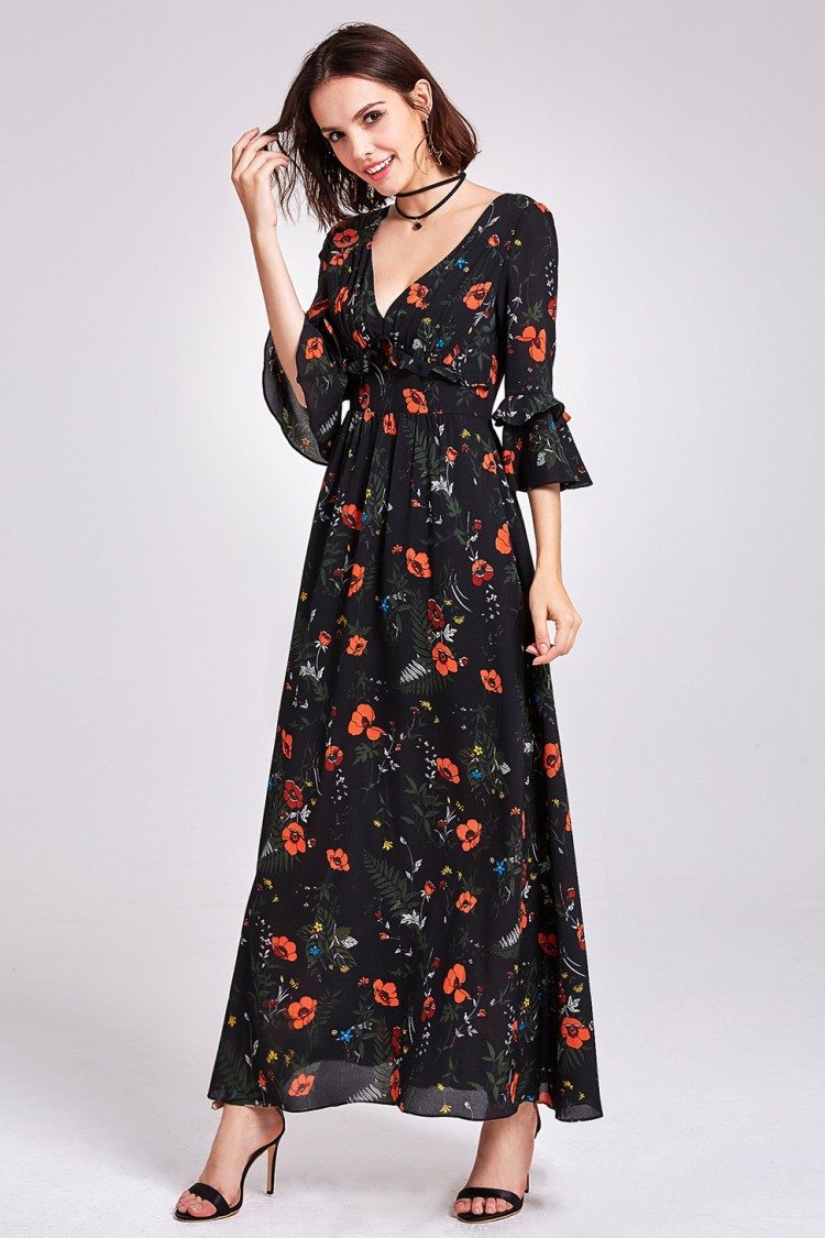 Classy Long Sleeve Floral Print Maxi Dress - $45.12 #AS07170BK ...