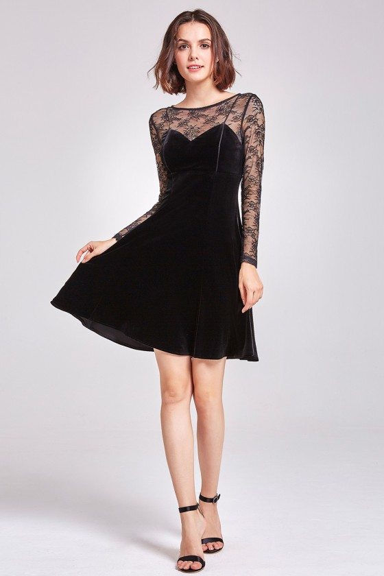 Black Long Lace Sleeve Velvet Party Dress 45 AS05898BK