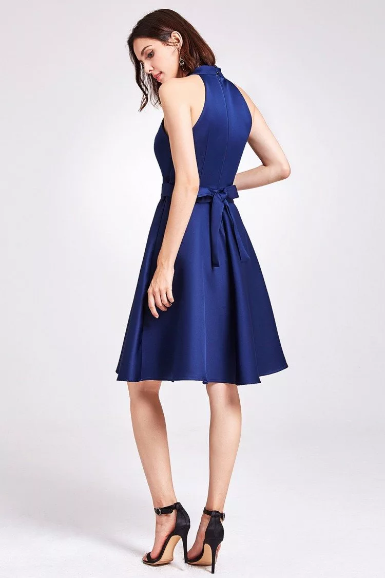 Navy Blue Knee Length Short Halter Bridesmaid Dress - $55.46 #EP05893NB ...