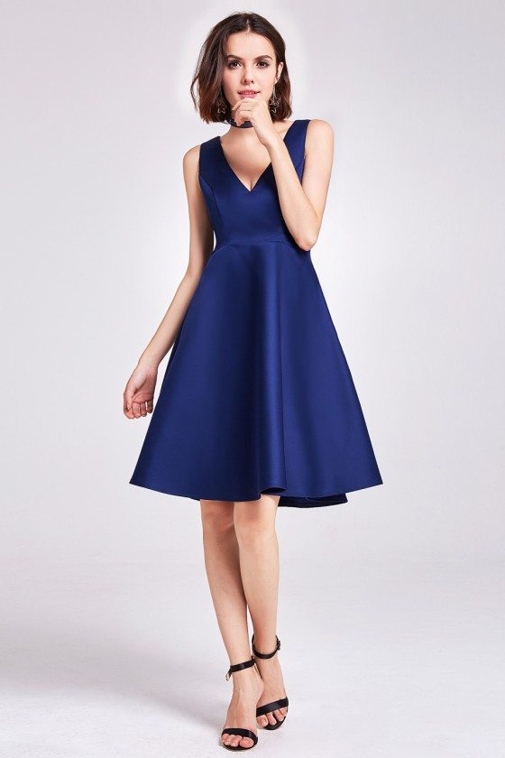 Navy Blue Satin Short V Neck Bridesmaid Dress - $55.46 #EP05894NB ...