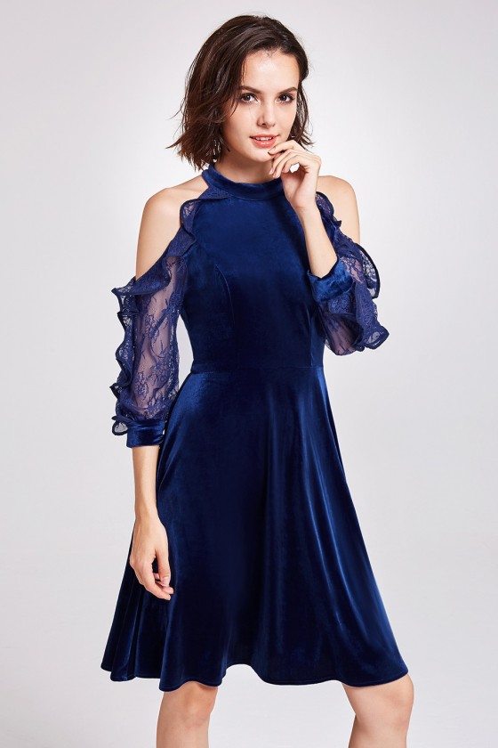 Blue Cold Shoulder Velvet Short Party Dress - $42.3 #AS05896MB ...