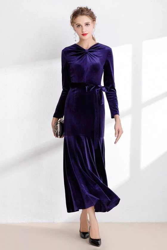 Purple Tea Length Velvet Winter Dress with Sleeves - $99 #CK928 ...