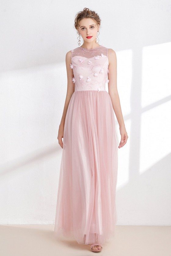 Blush Pink Tulle Floral Prom Dress with Sheer Back - $99 #CK993 ...