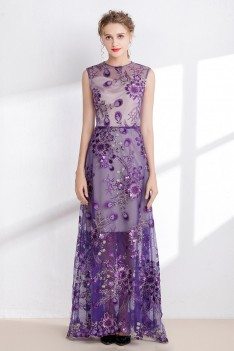 Purple Sleeveless Long Prom Dress with Embroidery Sequins - CK9295a