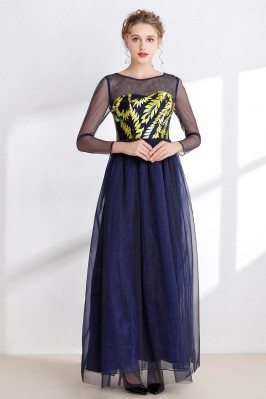 Dark Blue Long Tulle Prom Dress with Yellow Bodice - CK9282