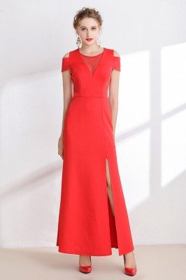 Modest Style Hot Red Satin Evening Dress with Split Front - CK930