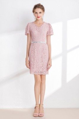 Short Pink All Lace Prom Dress with Sweetheart Neck - DK930