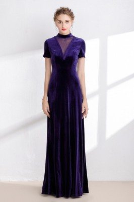 Modest Long Purple Winter Velvet Dress with Short Sleeves - CK983