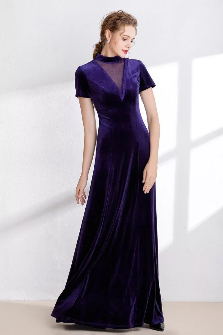 Modest Long Purple Winter Velvet Dress with Short Sleeves - $127 #CK983 ...