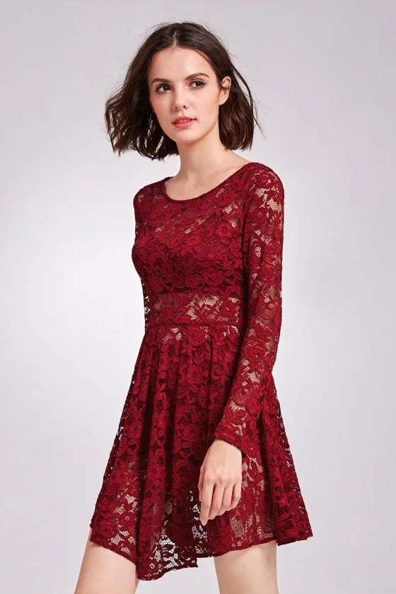 Burgundy Sheer Lace Layering Cocktail Prom Dress with Long Sleeves ...