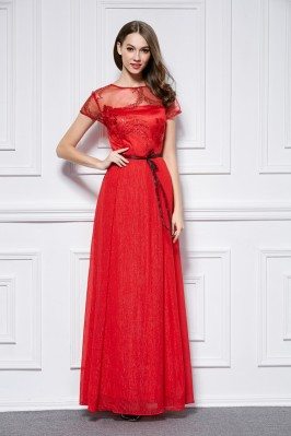 Red Sequin Tulle Neckline Long Party Dress