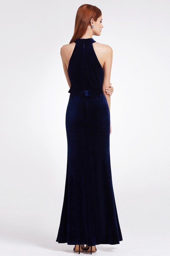 Dark Blue Sexy High Collar Velvet Winter Formal Gown with Deep V - $59 ...