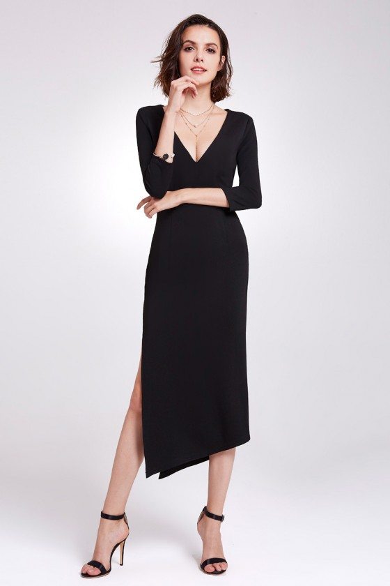 Asymmetrical Black Casual Slit Dress with Sweetheart Neck - $49 # ...