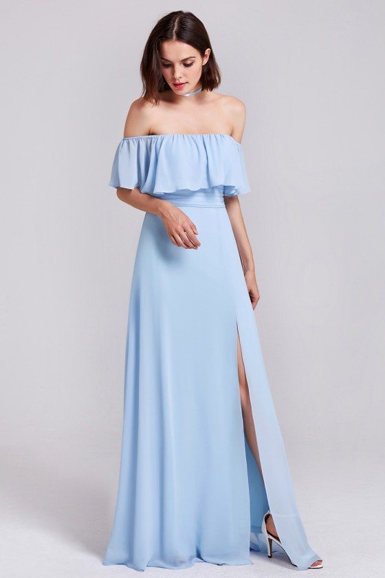 Baby Blue Off Shoulder Ruffles Chiffon Split Bridesmaids Dress - $55.46 ...
