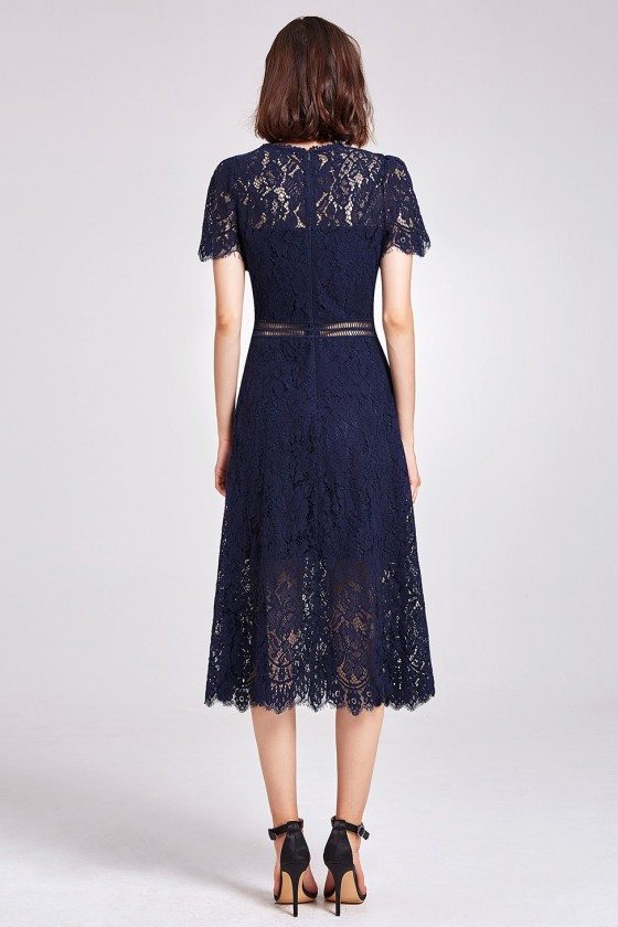 Navy Blue All Lace Hollow Out Formal Dress with Round Neck - $58 #