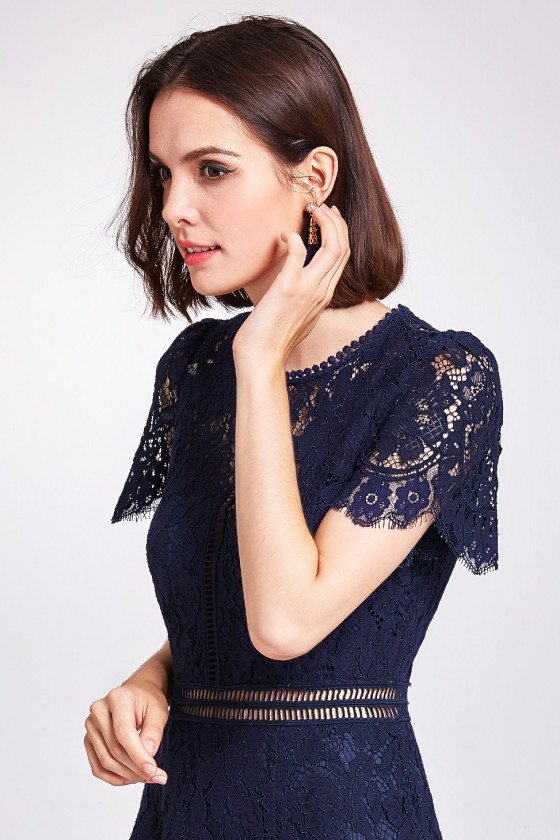 Navy Blue All Lace Hollow Out Formal Dress with Round Neck - $54.52 # ...