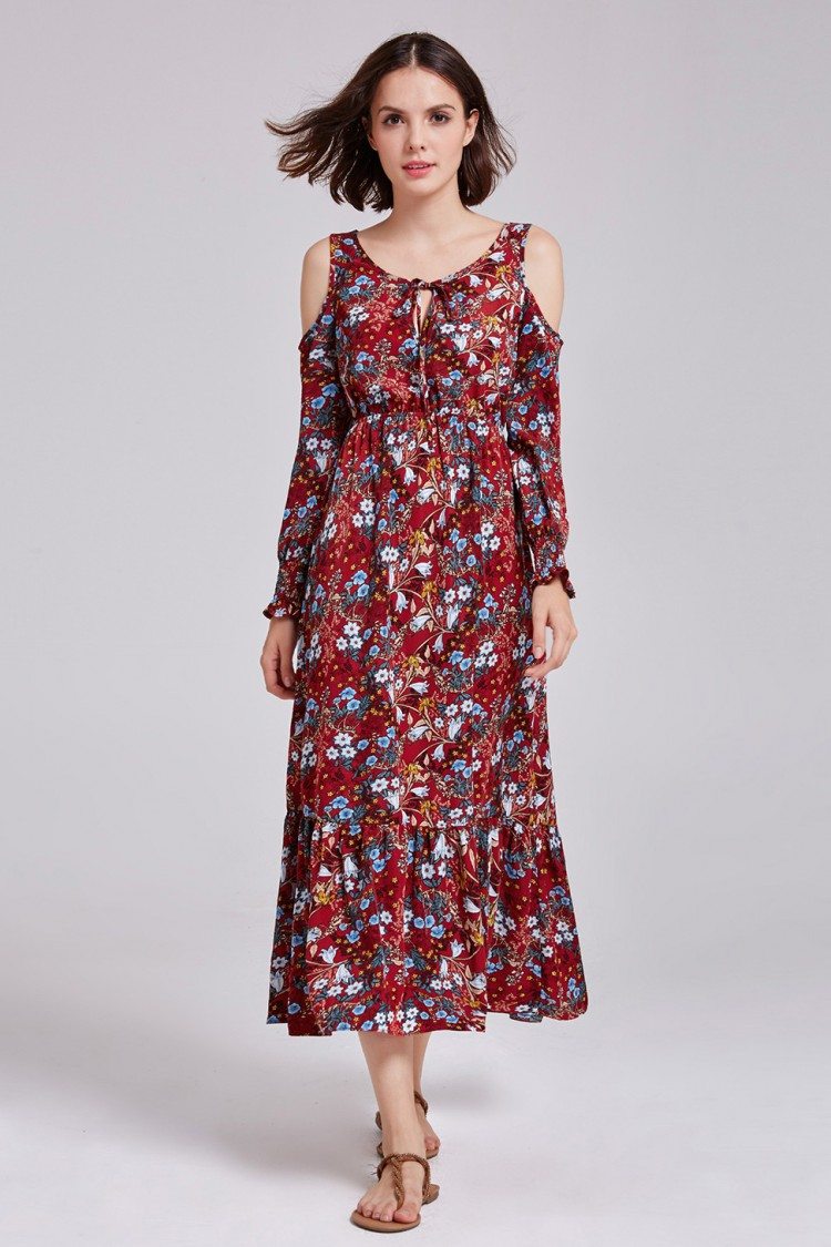 Vintage Printed Maxi Casual Dress with Off Shoulder Sleeves - $52.64 # ...