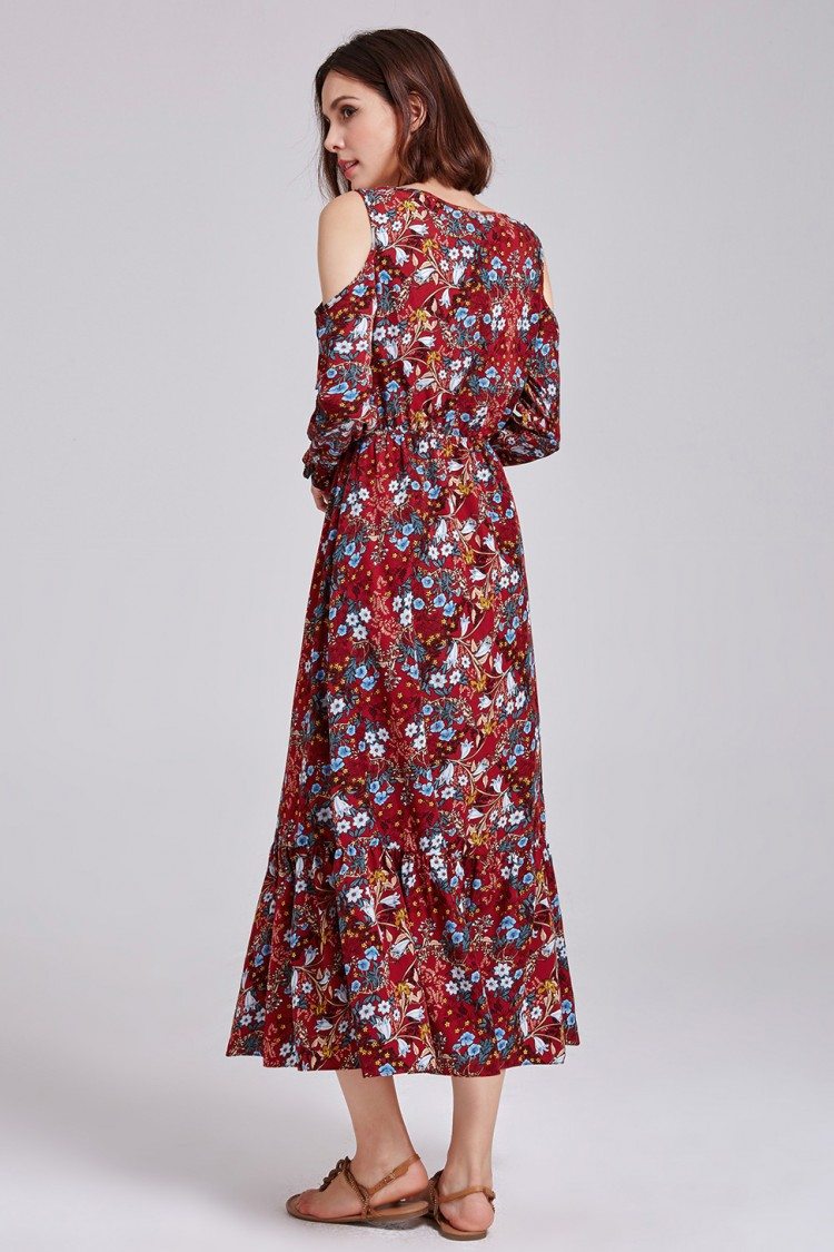Vintage Printed Maxi Casual Dress with Off Shoulder Sleeves - $52.64 # ...
