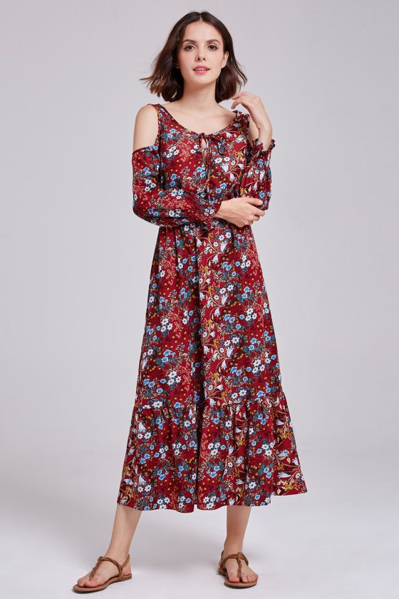Vintage Printed Maxi Casual Dress with Off Shoulder Sleeves - $56 # ...