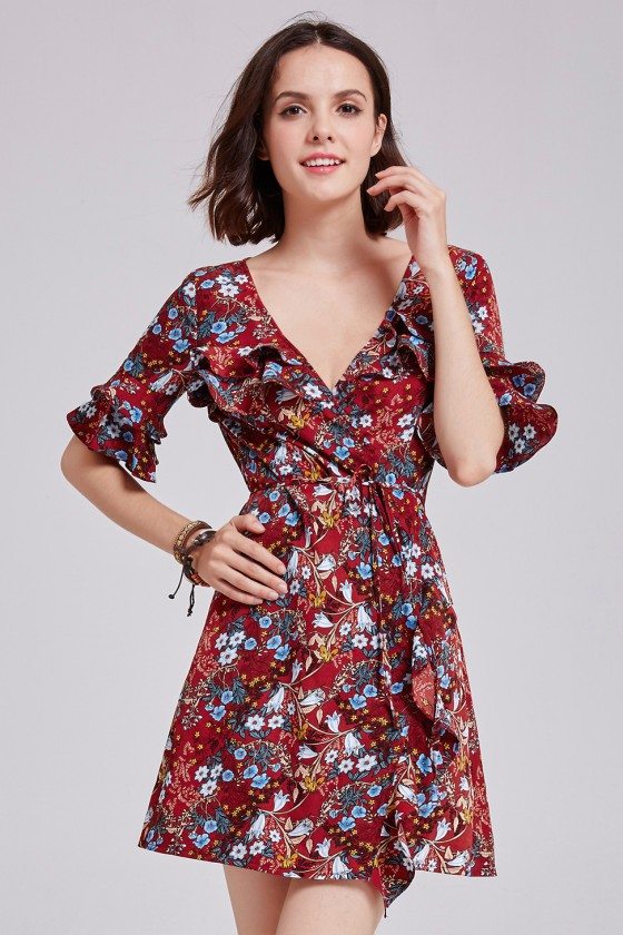 Vintage Floral Printed Sweetheart One-piece Ruffled Casual Dress - $44. ...