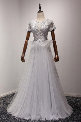 Modest Lace Grey Prom Dress Long With Short Sleeves - AKE18188