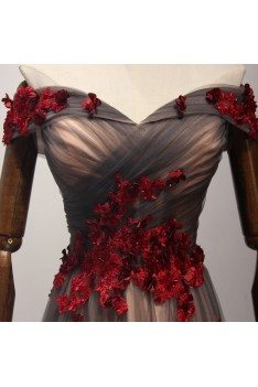 Vintage Long Black Formal Dress Off The Shoulder With Red Florals - AKE18185