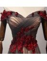 Vintage Long Black Formal Dress Off The Shoulder With Red Florals - AKE18185