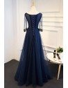 Uniuqe Navy Blue Long Tulle Prom Dress 3/4 Sleeves With Flowers - MQD17048