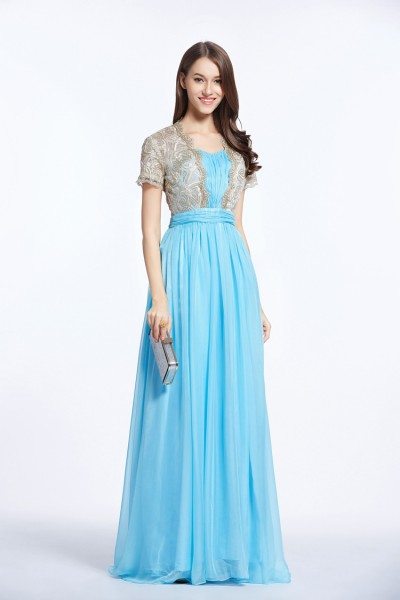 Blue Embroidery Long Party Dress With Sleeves