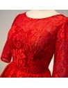 Red Lace Short Bridal Party Dress Round Neck With Sleeves - MQD17047