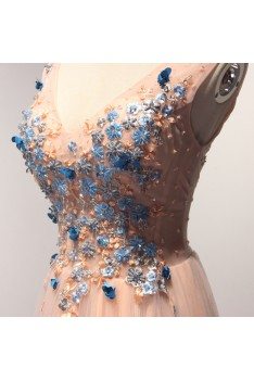 Unique Long Pink Homecoming Dress With Blue Florals For Curvy Girls - AKE18178