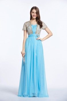 Blue Embroidery Long Party Dress With Sleeves - CK480