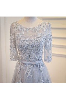 Elegant Satin Lace Half Sleeve Grey Prom Dress Long - MQD17046