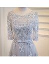 Elegant Satin Lace Half Sleeve Grey Prom Dress Long - MQD17046