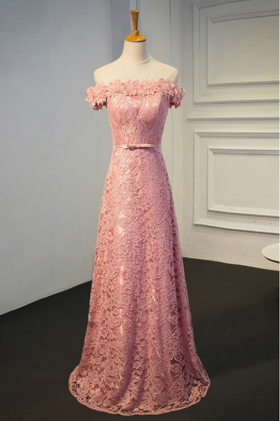 Pretty Pink Lace Off Shoulder Long Party Dress For Formal - MQD17044