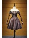 Vintage Black Beaded Prom Dress Short With Off Shoulder Sleeves - AKE18175