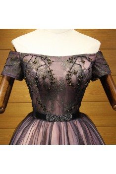 Vintage Black Beaded Prom Dress Short With Off Shoulder Sleeves - AKE18175